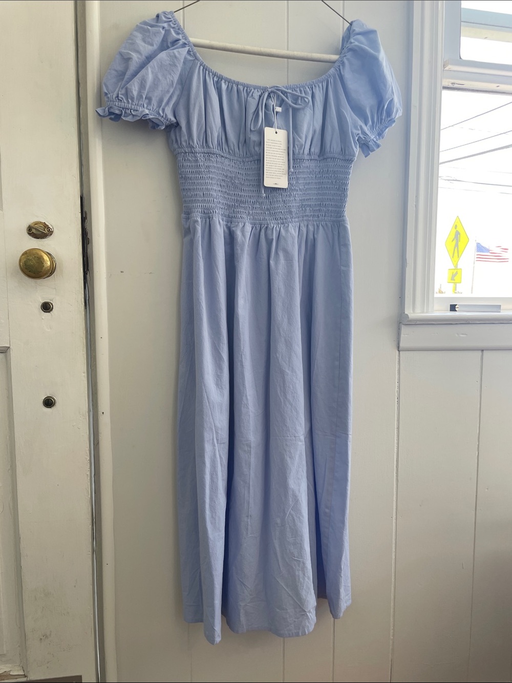 Light Blue Smocked Midi Dress with Puff Sleeves